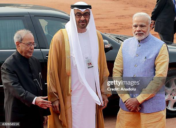 The Crown Prince of Abu Dhabi General Sheikh Mohammed Bin Zayed Al Nahyan is welcomed by Indian Prime Minister Narendra Modi with an official...