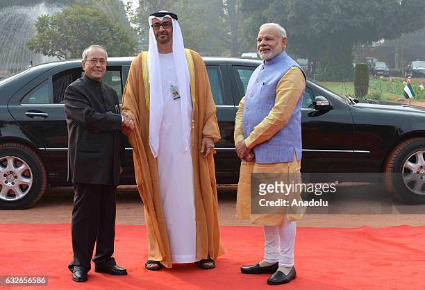 The Crown Prince of Abu Dhabi General Sheikh Mohammed Bin Zayed Al Nahyan is welcomed by Indian Prime Minister Narendra Modi with an official...
