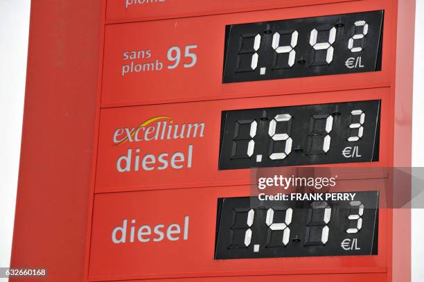 Vue prise le 27 mai 2008 d'un panneau d'affichage du prix des carburants, dans une station-service de Nantes, qui propose du diesel à un prix...