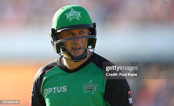 David Hussey of the Stars walks from the field after being dismissed during the Big Bash League match between the Perth Scorchers and the Melbourne...