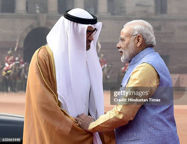 Prime Minister Narendra Modi talking with His Highness Sheikh Mohammed Bin Zayed Al Nahyan The Crown Prince of Abu Dhabi during the ceremonial...