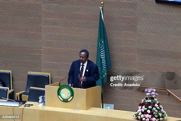 Abdalla Hamdok, Deputy Executive Secretary of the United Nations Economic Commission for Africa delivers a speech during a session ahead of the 28th...