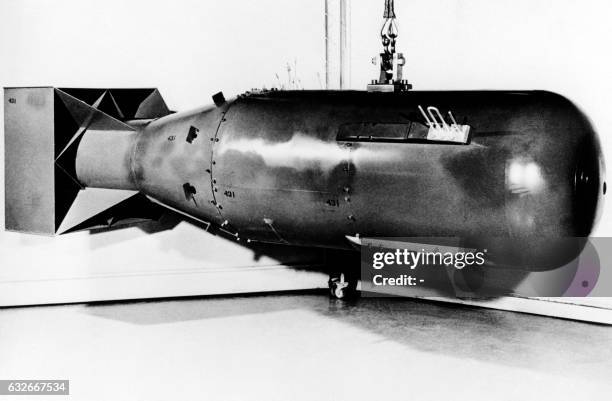 An atomic bomb of the type nicknamed "Little Boy" that was dropped by a US Army Air Force B-29 bomber on August 9, 1945 over Hiroshima, Japan, is...