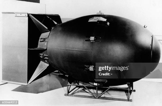 An atomic bomb of the type nicknamed "Fat man" that was dropped by a US Army Air Force B-29 bomber on August 9, 1945 over Nagasaki, Japan is seen in...