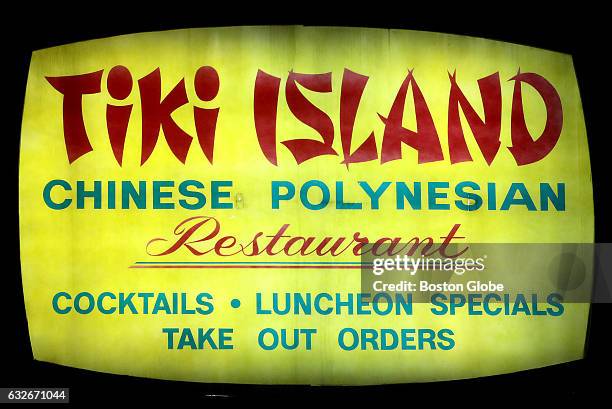 The sign outside the Tiki Island restaurant in Medford, MA is pictured on Jan. 18, 2017.