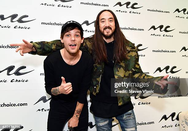 Musicians Louis Tomlinson and Steve Aoki visit Music Choice on January 25, 2017 in New York City.