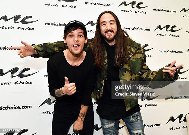 Musicians Louis Tomlinson and Steve Aoki visit Music Choice on January 25, 2017 in New York City.