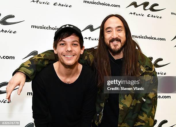 Musicians Louis Tomlinson and Steve Aoki visit Music Choice on January 25, 2017 in New York City.