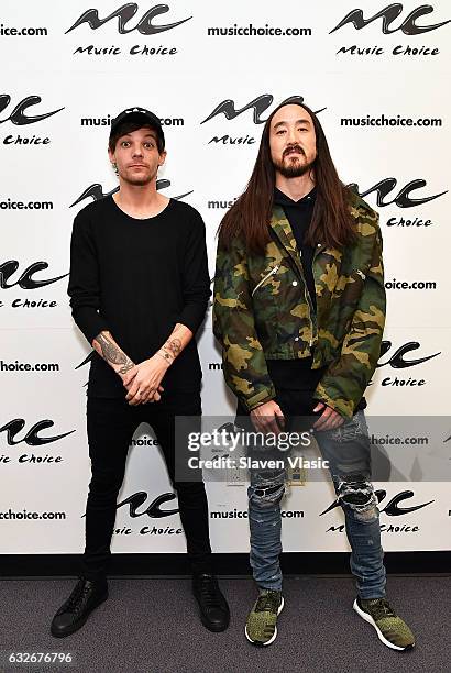Musicians Louis Tomlinson and Steve Aoki visit Music Choice on January 25, 2017 in New York City.