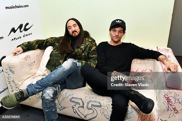 Musicians Steve Aoki and Louis Tomlinson visit Music Choice on January 25, 2017 in New York City.