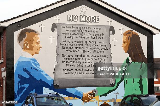 Mural is pictured on the Newtownards Road in Belfast on January 25, 2017. Northern Ireland will hold snap elections on March 2, 2017 in a bid to...
