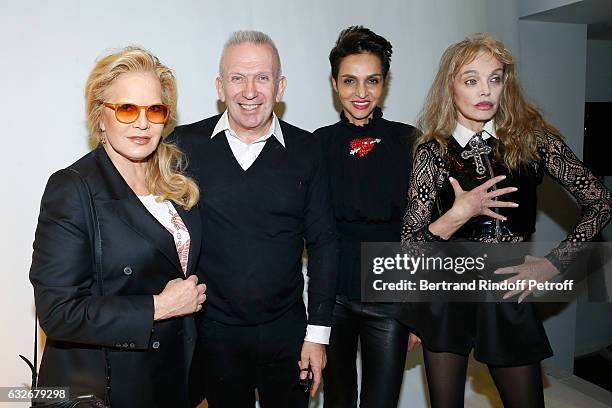 Sylvie Vartan, Stylist Jean-Paul Gaultier, Farida Khelfa and Arielle Dombasle pose after the Jean Paul Gaultier Haute Couture Spring Summer 2017 show...