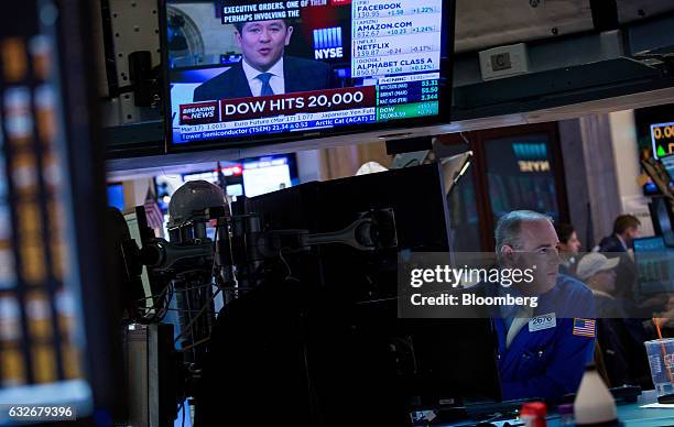 Television monitor displays news about the DOW Jones Industrial Average hitting 20,000 as a trader works on the floor of the New York Stock Exchange...