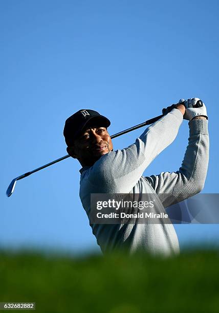 Tiger Woods tees off the 8th hole during the Zurich Pro-Am, Farmers Insurance Open Preview Day 3 at Torrey Pines Golf Course on January 25, 2017 in...