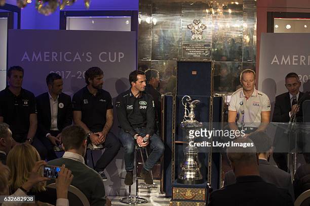 Sir Ben Ainslie skipper of LandRover BAR attend the Americas Cup 2017 - 2021 framework agreement press conference at House of Garrard on January 25,...