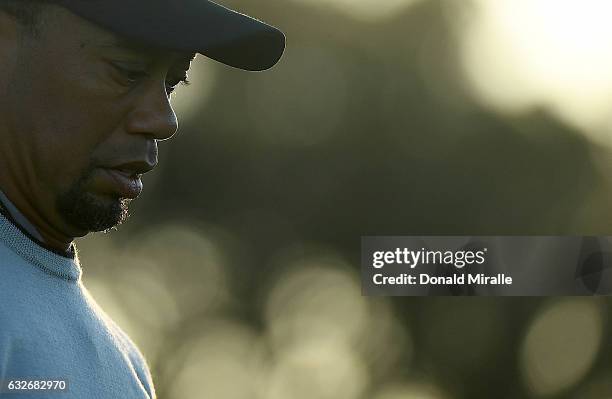 Tiger Woods looks on during the Zurich Pro-Am, Farmers Insurance Open Preview Day 3 at Torrey Pines Golf Course on January 25, 2017 in La Jolla,...