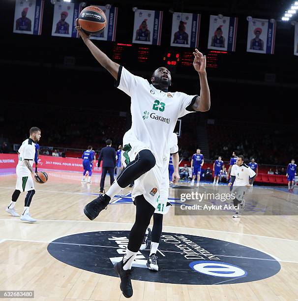 James Anderson, #23 of Darussafaka Dogus Istanbul warms-up prior to the 2016/2017 Turkish Airlines EuroLeague Regular Season Round 19 game between...