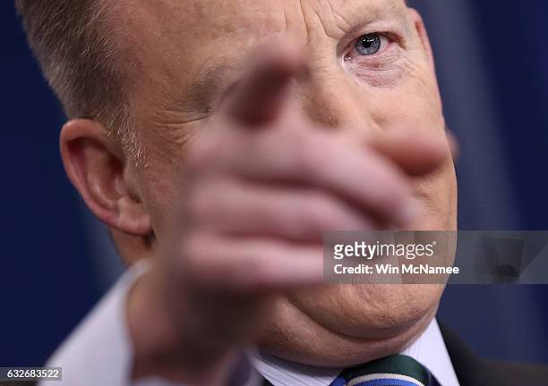 White House Press Secretary Sean Spicer answers questions during the daily briefing at the White House on January 25, 2017 in Washington, DC. Spicer...