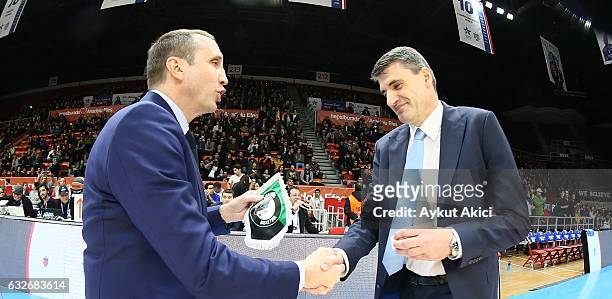 David Blatt, Head Coach of Darussafaka Dogus Istanbul and Velimir Perasovic, Head Coach of Anadolu Efes Istanbul pictured prior to the 2016/2017...