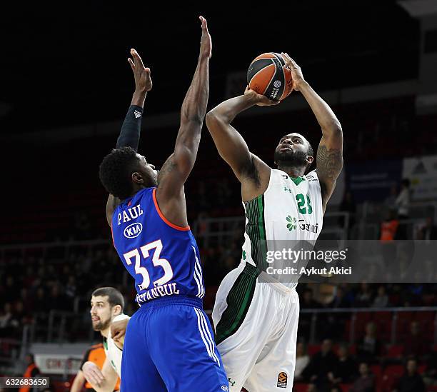 James Anderson, #23 of Darussafaka Dogus Istanbul in action during the 2016/2017 Turkish Airlines EuroLeague Regular Season Round 19 game between...