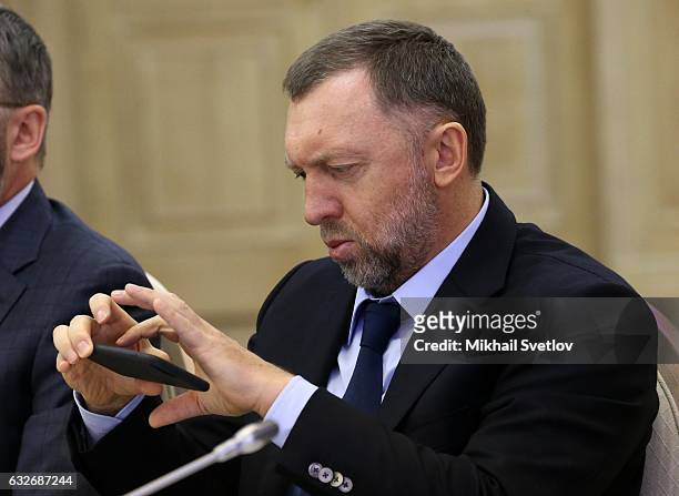 Russian billionaire and businessman Oleg Deripaska attends the meeting with board of trustees of Lomonosov Moscow State University in Moscow, Russia,...