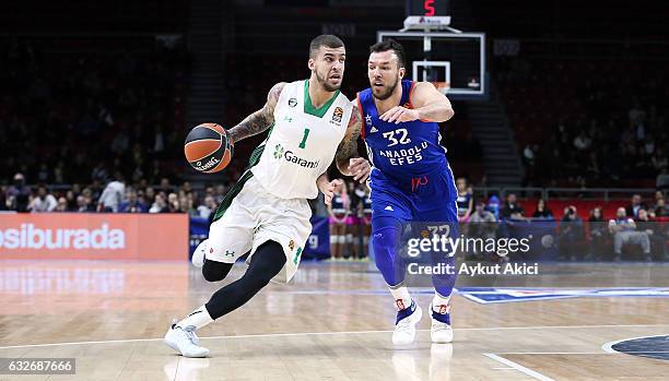 Scottie Wilbekin, #1 of Darussafaka Dogus Istanbul competes with Maxim Mutaf, #32 of Anadolu Efes Istanbul during the 2016/2017 Turkish Airlines...