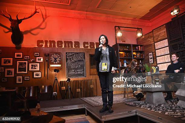 Sundance Film Festival programmer, Kim Yutani, Writer Amy Kaufman and Logan Lerman attend the Cinema Cafe at Filmmaker Lodge on January 25, 2017 in...