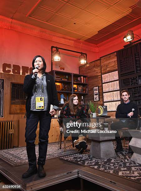 Sundance Film Festival programmer, Kim Yutani, Writer Amy Kaufman and Logan Lerman attend the Cinema Cafe at Filmmaker Lodge on January 25, 2017 in...