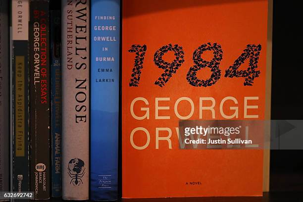 Copy of George Orwell's novel '1984' is displayed at The Last Bookstore on January 25, 2017 in Los Angeles, California. George Orwell's 68 year-old...