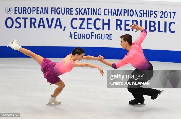 Czech's Anna Duskova and Martin Bidar compete during the pairs free short program of the European Figure Skating Championship in Ostrava on January...