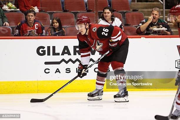 Arizona Coyotes defenseman Michael Stone readies for the face off during the NHL hockey game between the Florida Panthers and the Arizona Coyotes on...