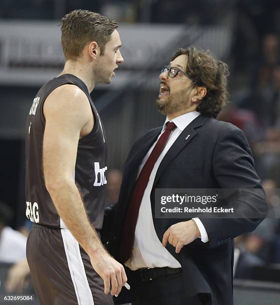 Andrea Trincheri, Head Coach of Brose Bambergand Fabien Causeur, #1 of Brose Bamberg in action during the 2016/2017 Turkish Airlines EuroLeague...