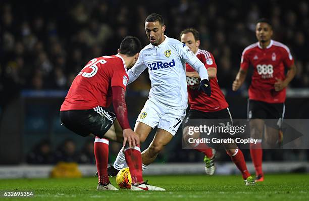 Kemar Roofe of Leeds United takes on Jack Hobbs of Nottingham Forest during the Sky Bet Championship match between Leeds United and Nottingham Forest...