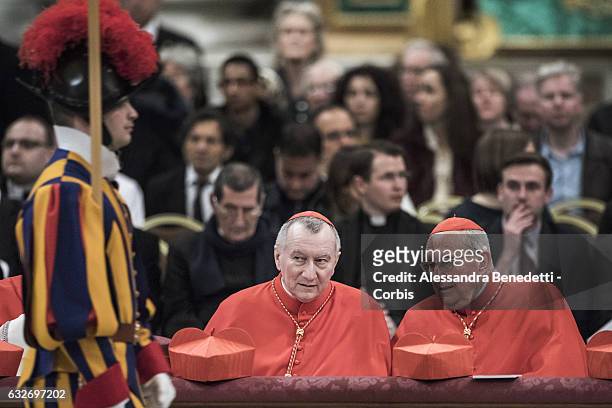 Vatican State Secretary Pietro Parolin and Cardinal Augusto Vallini talk as Pope Francis leads the Vespers mass on the occasion of the solemnity of...