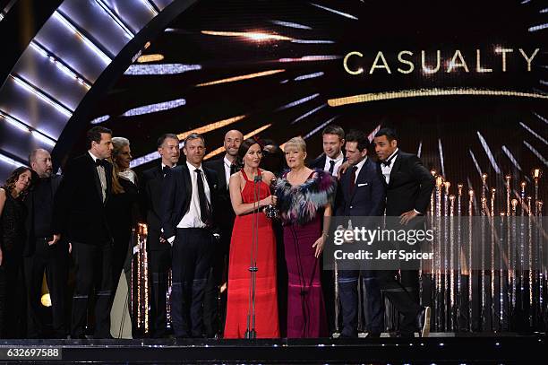 The cast of Casualty accept the Best Drama Award on stage during the National Television Awards at The O2 Arena on January 25, 2017 in London,...