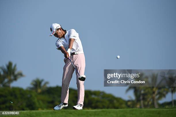 Kohki Idoki of Japan tees off on the second hole during the first round of the PGA TOUR Champions Mitsubishi Electric Championship at Hualalai Golf...