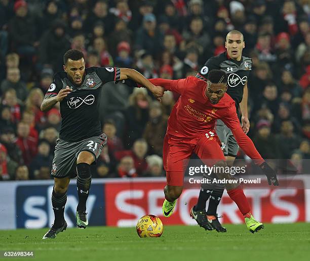 Daneil Sturridge of Liverpool in action with Ryan Bertrand of Southampton during the EFL Cup Semi-Final second leg match between Liverpool and...