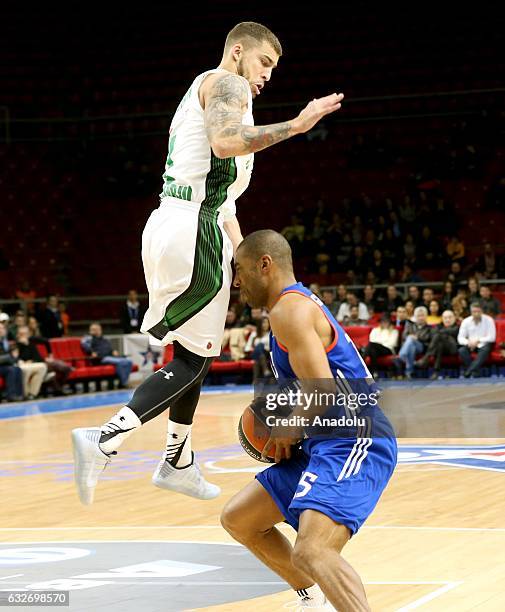 Jayson Granger of Anadolu Efes in action against Scottie Wilbekin of Darussafaka Dogus during the Turkish Airlines Euroleague basketball match...