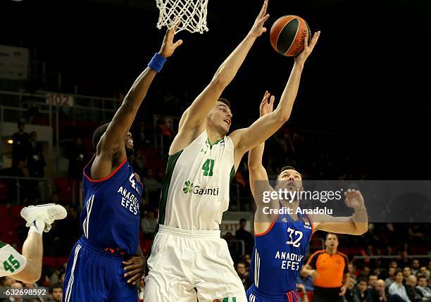 Can Mutaf of Anadolu Efes in action against Ante Zizic of Darussafaka Dogus during the Turkish Airlines Euroleague basketball match between Anadolu...