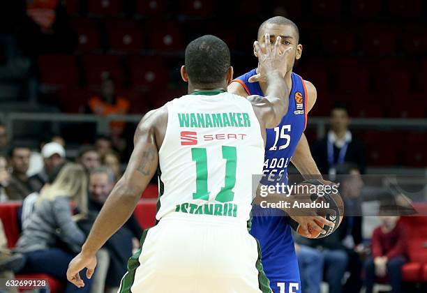 Jayson Granger of Anadolu Efes in action against Brad Wanamaker of Darussafaka Dogus during the Turkish Airlines Euroleague basketball match between...