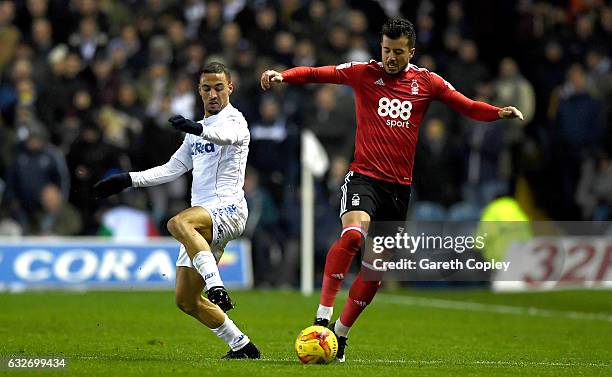 Daniel Pinillos of Nottingham Forest and Kemar Roofe of Leeds United in action during the Sky Bet Championship match between Leeds United and...