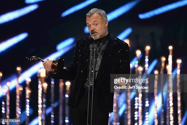 Graham Norton on stage with the Special Recognition Award during the National Television Awards at The O2 Arena on January 25, 2017 in London,...