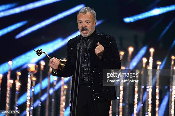 Graham Norton on stage with the Special Recognition Award during the National Television Awards at The O2 Arena on January 25, 2017 in London,...
