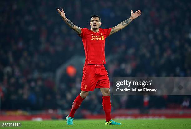 Dejan Lovren of Liverpool reacts during the EFL Cup Semi-Final Second Leg match between Liverpool and Southampton at Anfield on January 25, 2017 in...