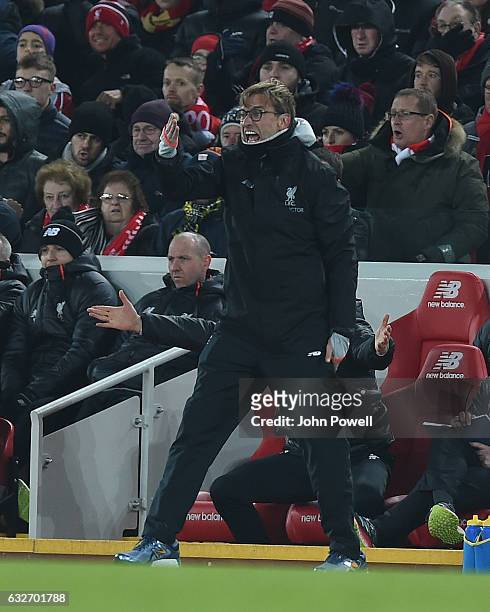 Jurgen Klopp Manager of Liverpool during the EFL Cup Semi-Final second leg match between Liverpool and Southampton at Anfield on January 25, 2017 in...