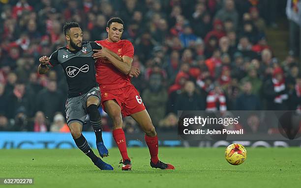 Trent Alexander-Arnold of Liverpool in action with Ryan Bertrand of Southampton during the EFL Cup Semi-Final second leg match between Liverpool and...