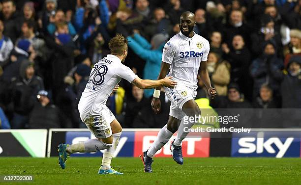 Souleymane Doukara of Leeds United celebrates scoring his sides second goal with Gaetano Berardi of Leeds United during the Sky Bet Championship...