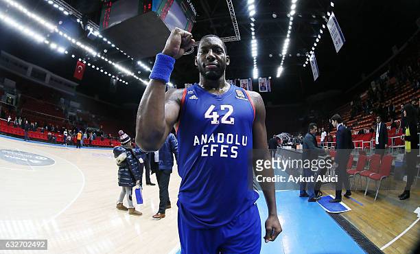 Bryant Dunston, #42 of Anadolu Efes Istanbul celebrates victory during the 2016/2017 Turkish Airlines EuroLeague Regular Season Round 19 game between...
