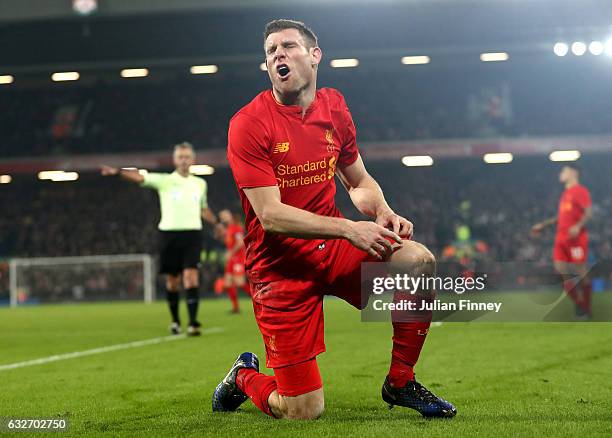 James Milner of Liverpool reacts during the EFL Cup Semi-Final Second Leg match between Liverpool and Southampton at Anfield on January 25, 2017 in...