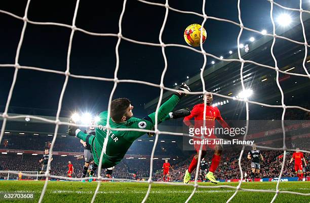 Fraser Forster of Southampton makes a save during the EFL Cup Semi-Final Second Leg match between Liverpool and Southampton at Anfield on January 25,...
